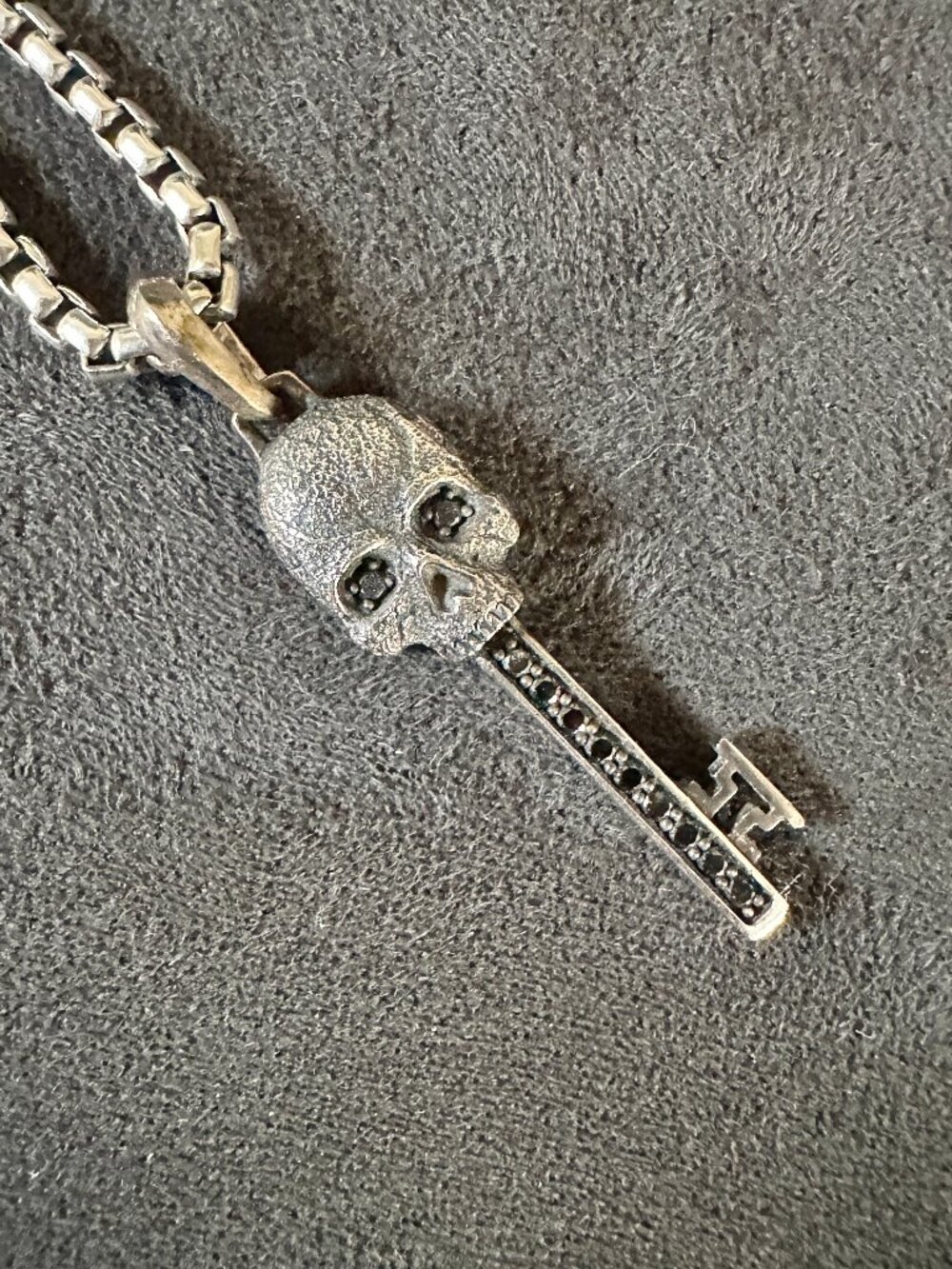 David Yurman Skull Key Pendant w/ Black Diamonds & DY Box Chain Necklace - 20"